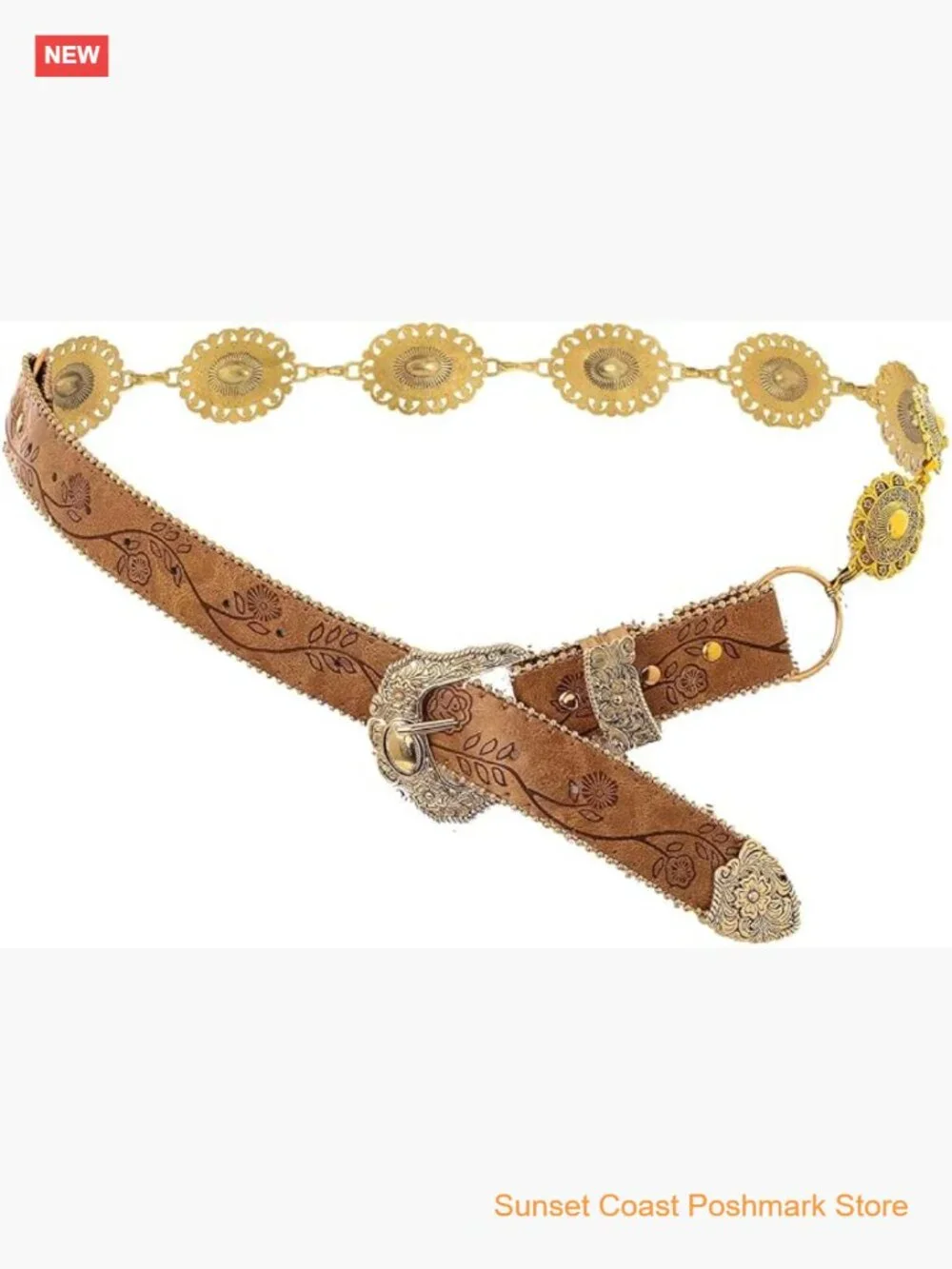 Concho West Embossed Leather Gold Tone Metal Concho Belt Boho Western Adjustable